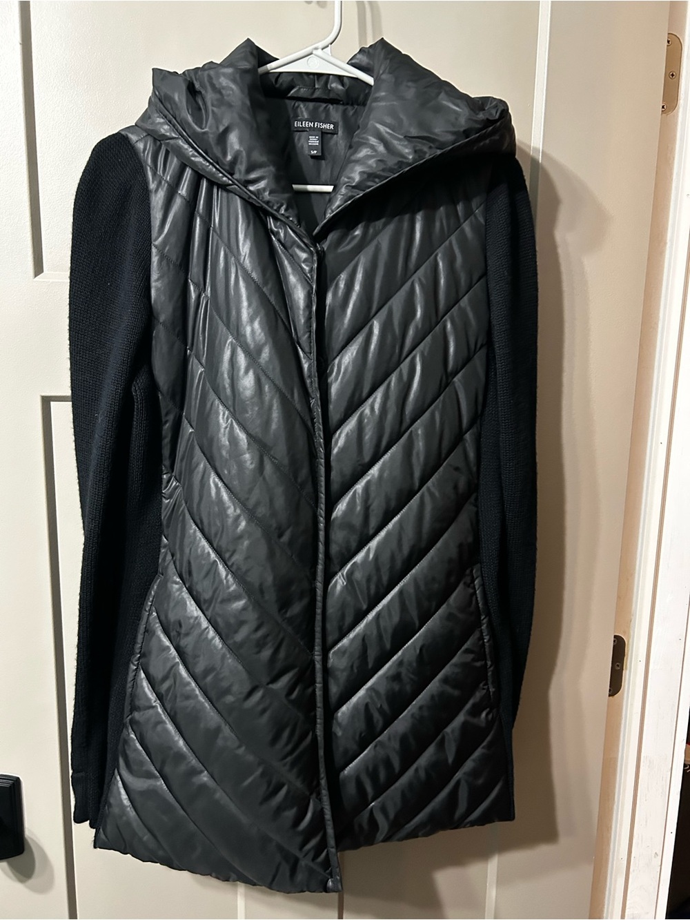 Eileen Fisher Mixed Media Quilted Nylon Hooded Jacket